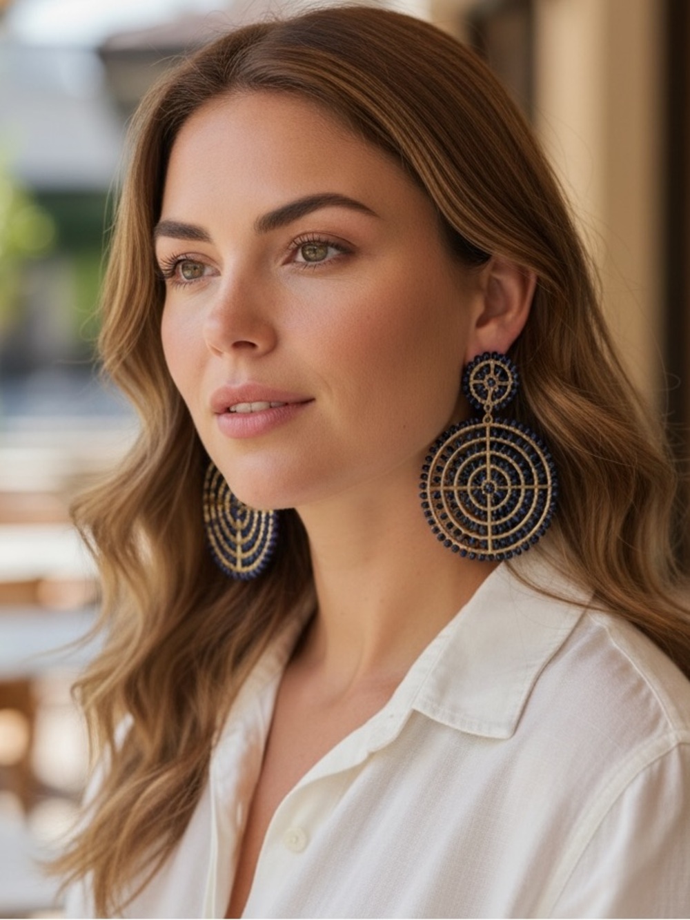 Lisi Lerch Navy Blue Beaded Disc Statement Earrings